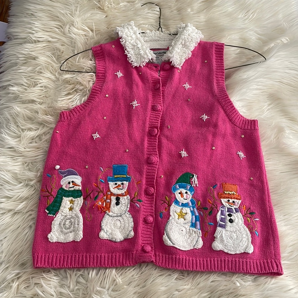 Heirloom Christmas collectibles button pink snowman ugly Christmas sweater vest